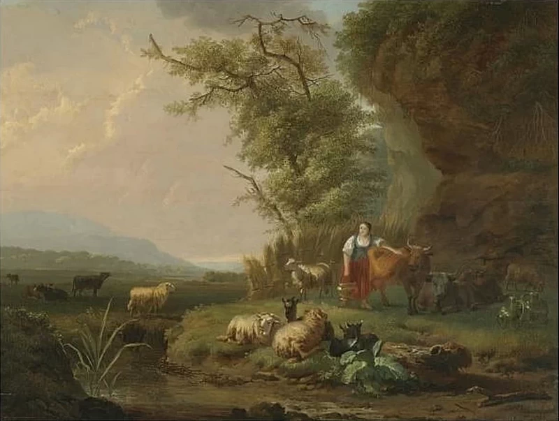 Balthasar Ommeganck - Un paesaggio al tramonto con una lattaia e il suo gregge